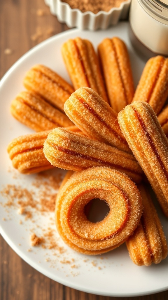 A plate of golden churro cookies rolled in cinnamon sugar with a glass of milk.